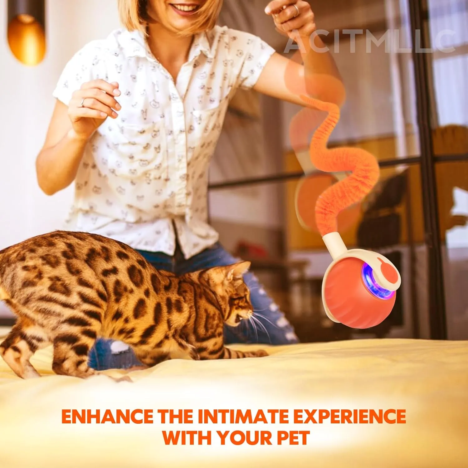 2025 New Interactive Cat Toy, Automatic Moving Cat Ball Toy with Tail, Rechargeable Smart Chase Pet Toy Ball, Stimulation Toys for Indoor Cats Exercise (Blue)