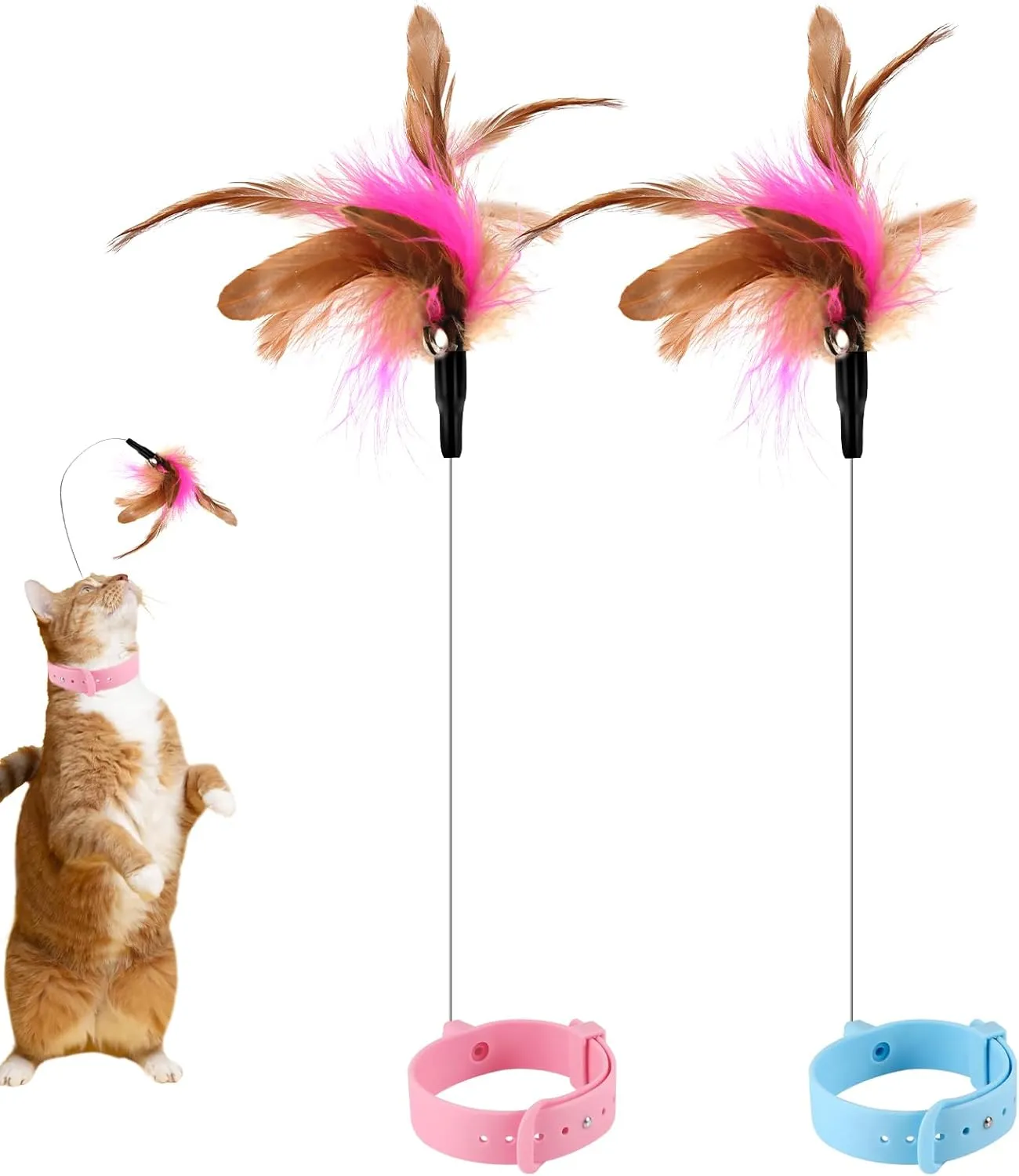 2pcs Cat Collar Toy Attached, Silicone Teasing Wand Adjustable Feather Collar Toys With Bell Interactive Teaser for Indoor Playing Training (Pink, Blue)