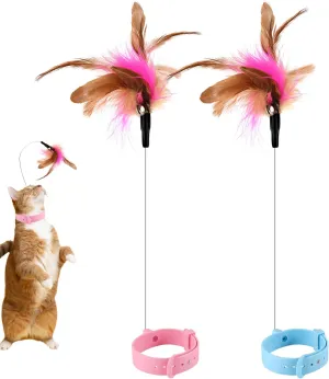 2pcs Cat Collar Toy Attached, Silicone Teasing Wand Adjustable Feather Collar Toys With Bell Interactive Teaser for Indoor Playing Training (Pink, Blue)