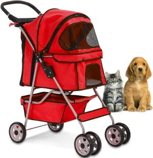 4 Wheels Pet Stroller Cat Dog Cage Stroller Travel Folding Carrier with Cup Holders and Removable Liner for Small-Medium Dog, Cat (Red)