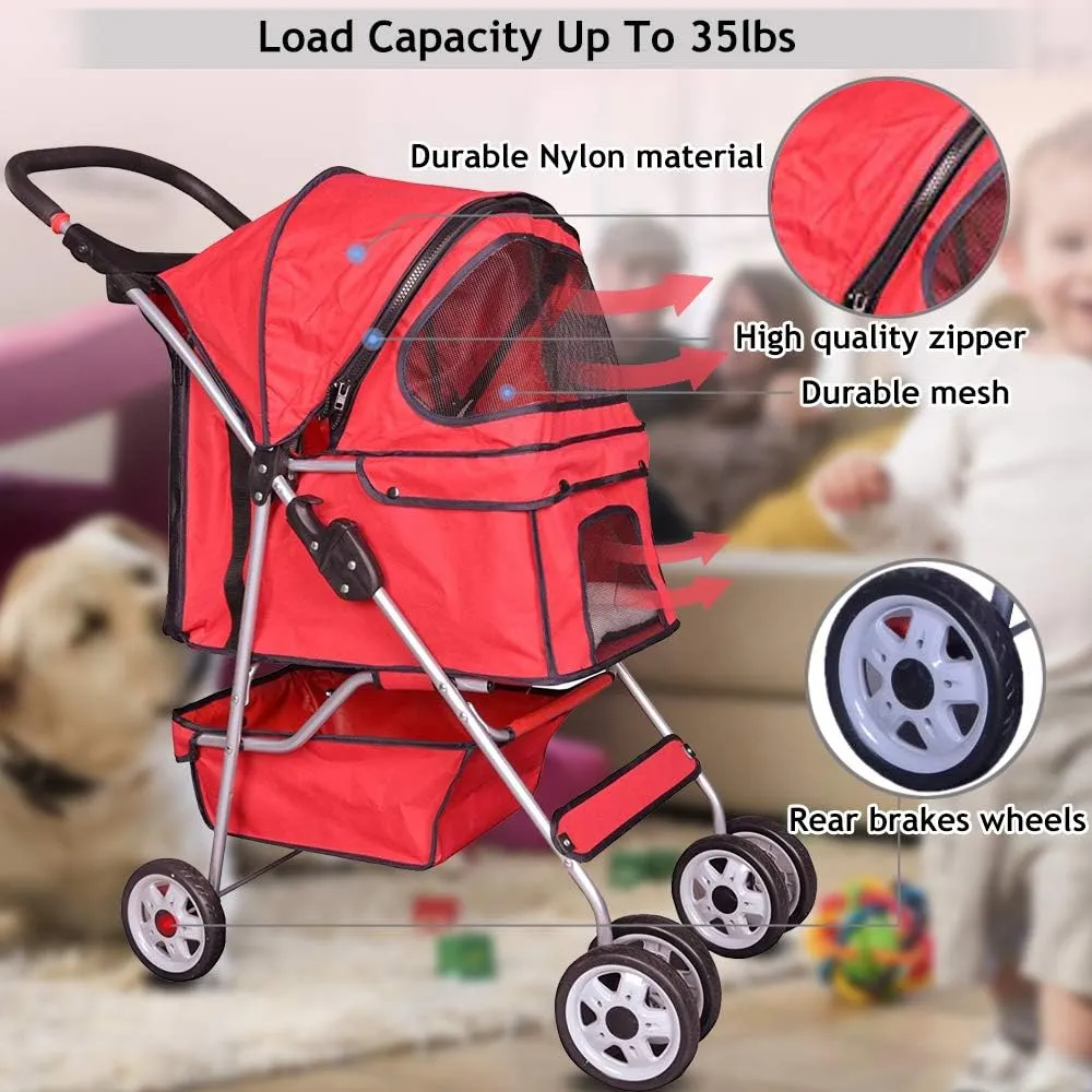 4 Wheels Pet Stroller Cat Dog Cage Stroller Travel Folding Carrier with Cup Holders and Removable Liner for Small-Medium Dog, Cat (Red)