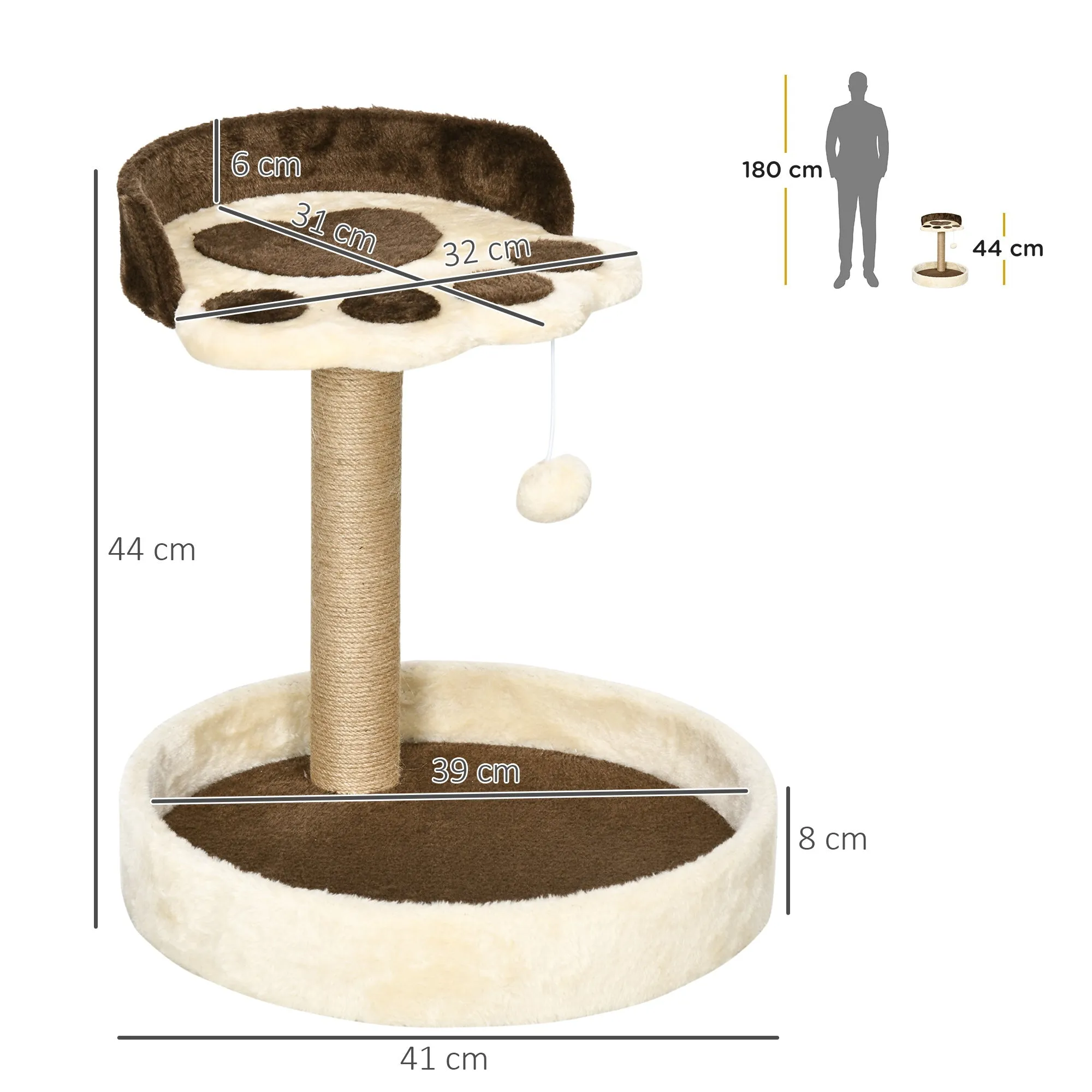 44cm Cat Tower Cat Tree for Indoor Cats with Sisal Cat Scratching Post Toy Ball - Brown