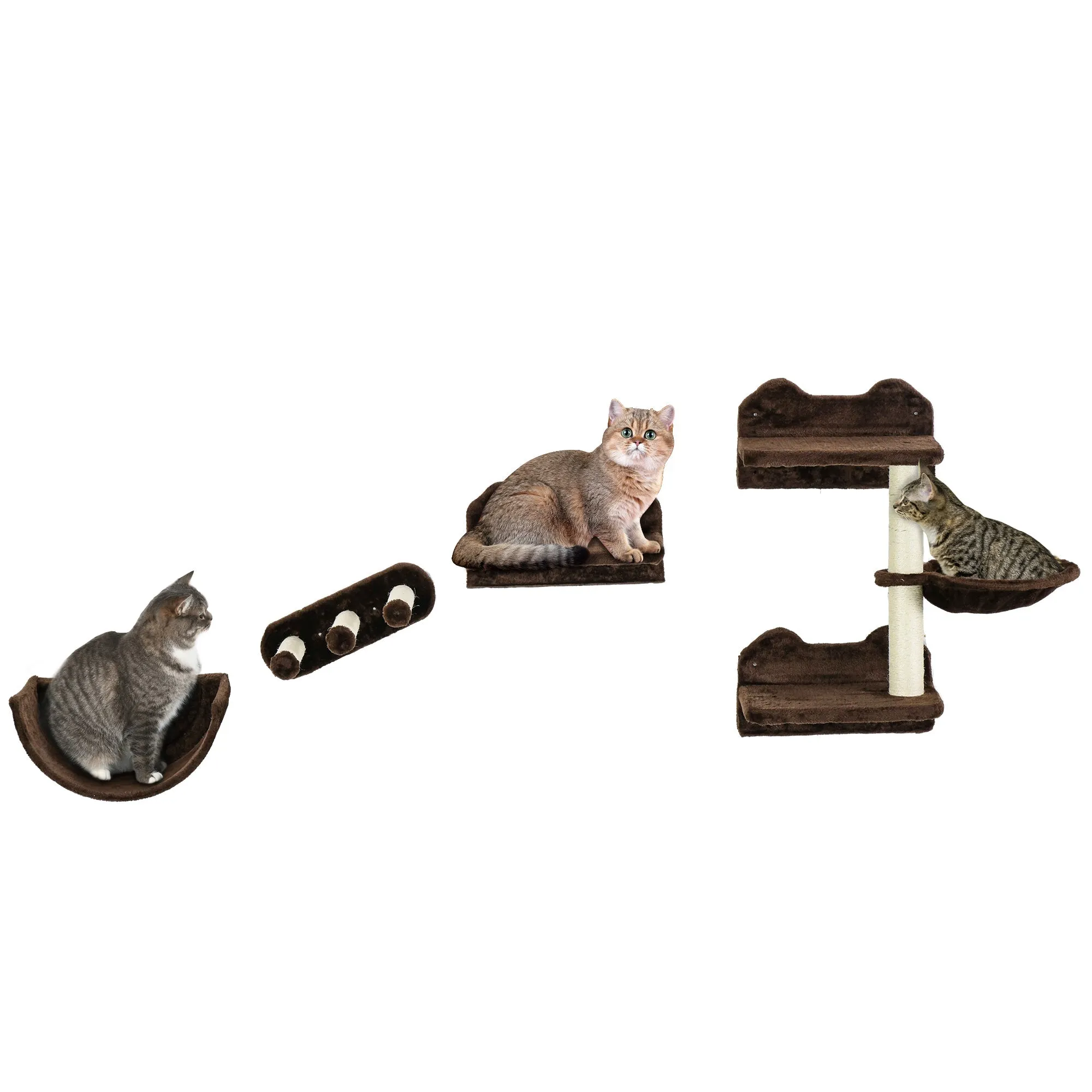 4Piece Wall-Mounted Cat ShelvesWith Scratching Post Hammock Nest - Brown