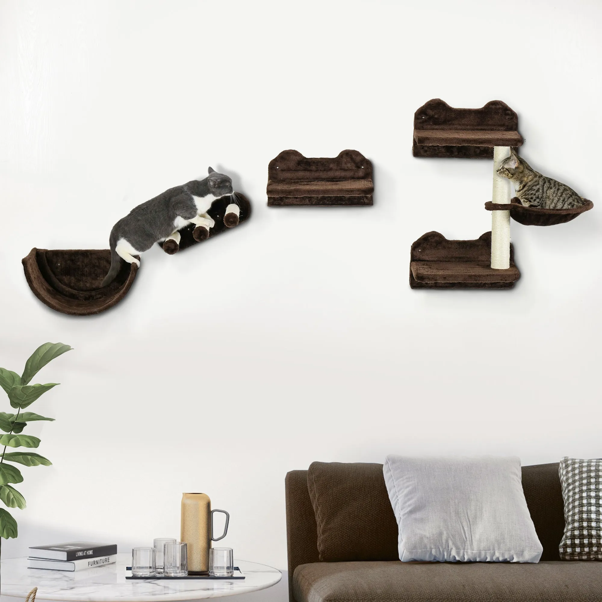 4Piece Wall-Mounted Cat ShelvesWith Scratching Post Hammock Nest - Brown