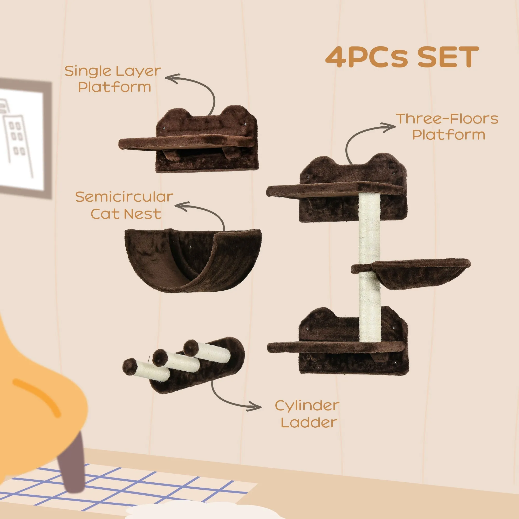4Piece Wall-Mounted Cat ShelvesWith Scratching Post Hammock Nest - Brown