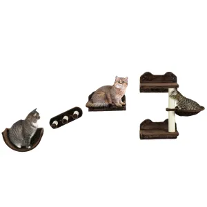 4Piece Wall-Mounted Cat ShelvesWith Scratching Post Hammock Nest - Brown