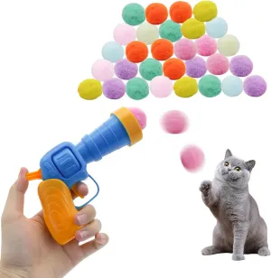 Andiker Cat Toy Ball Set, 30pcs Plush Cat Pom Pom Balls & 1 Plastic Cats Fetch Toy Launcher Set for Kitten Catch Fetch Interactive Cat Toy with Colorful Cat Ball for Indoor Cats (30 Balls 1 Launcher)