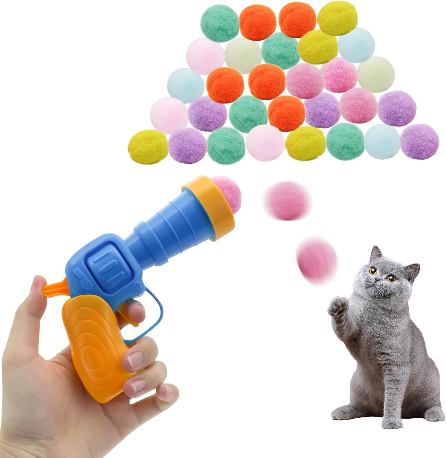 Andiker Cat Toy Ball Set, 30pcs Plush Cat Pom Pom Balls & 1 Plastic Cats Fetch Toy Launcher Set for Kitten Catch Fetch Interactive Cat Toy with Colorful Cat Ball for Indoor Cats (30 Balls 1 Launcher)