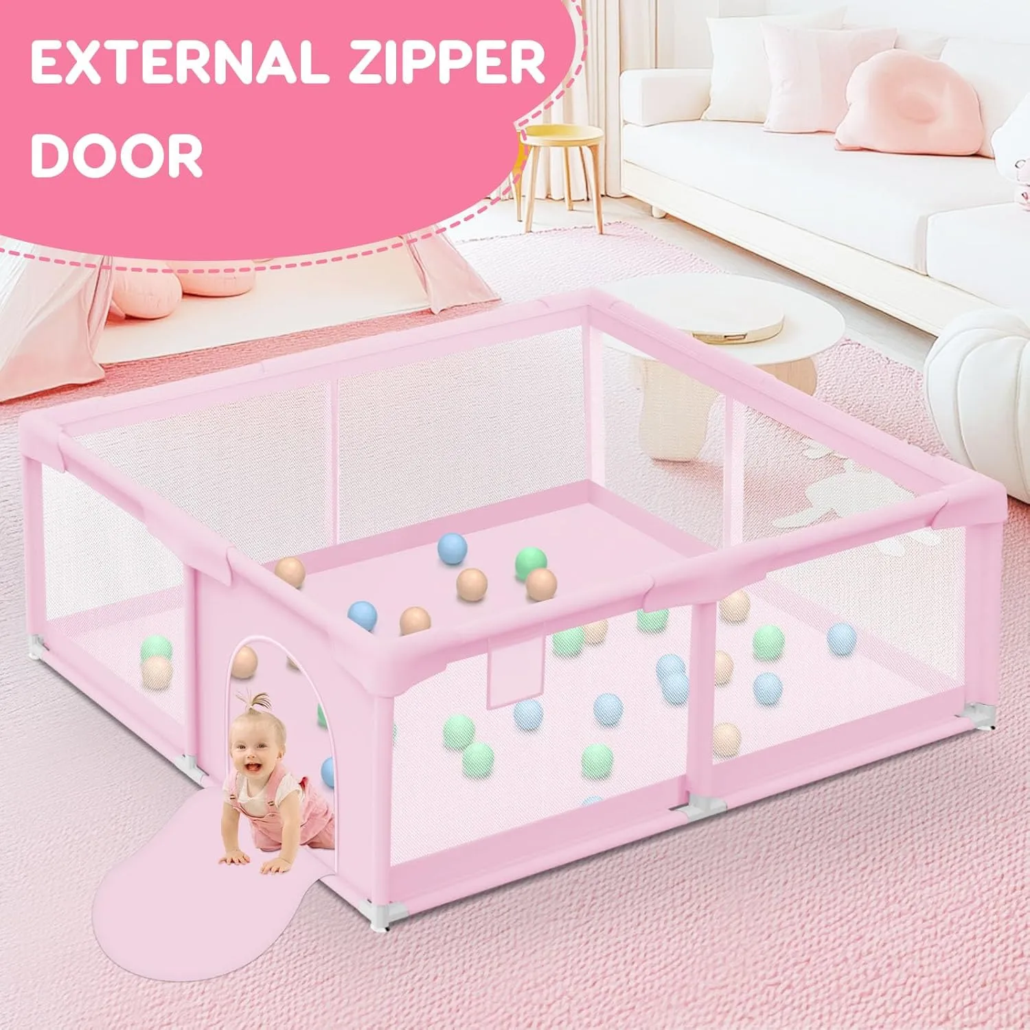 Baby Playpen for Toddler, Playpen for Babies 50"  50" Baby Fence Playards, Kids Safety Play Pen Area for Indoor & Outdoor (Pink)
