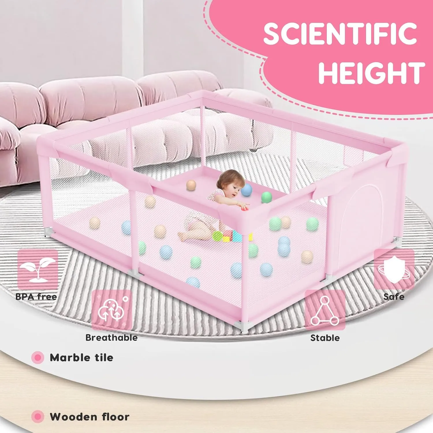 Baby Playpen for Toddler, Playpen for Babies 50"  50" Baby Fence Playards, Kids Safety Play Pen Area for Indoor & Outdoor (Pink)