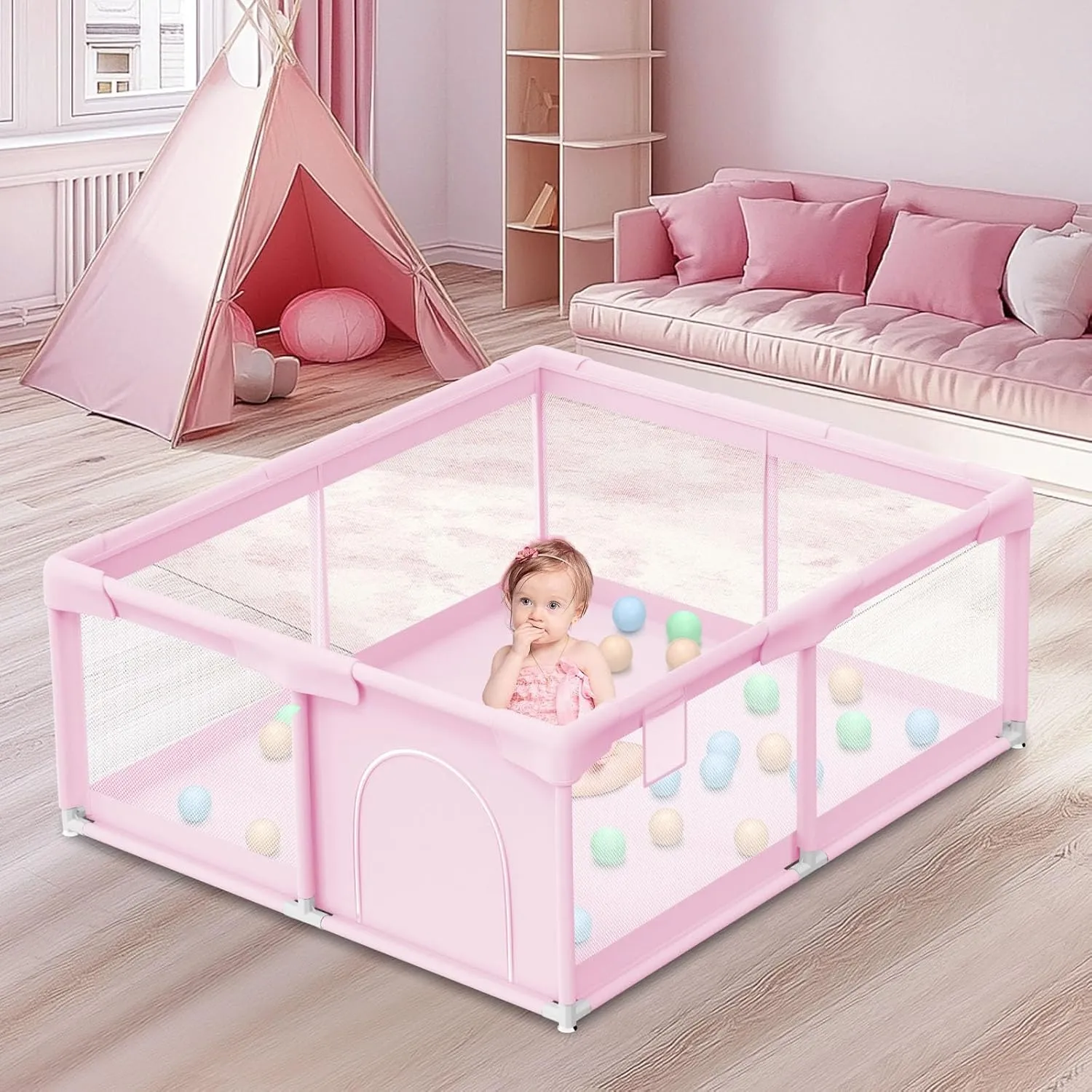Baby Playpen for Toddler, Playpen for Babies 50"  50" Baby Fence Playards, Kids Safety Play Pen Area for Indoor & Outdoor (Pink)