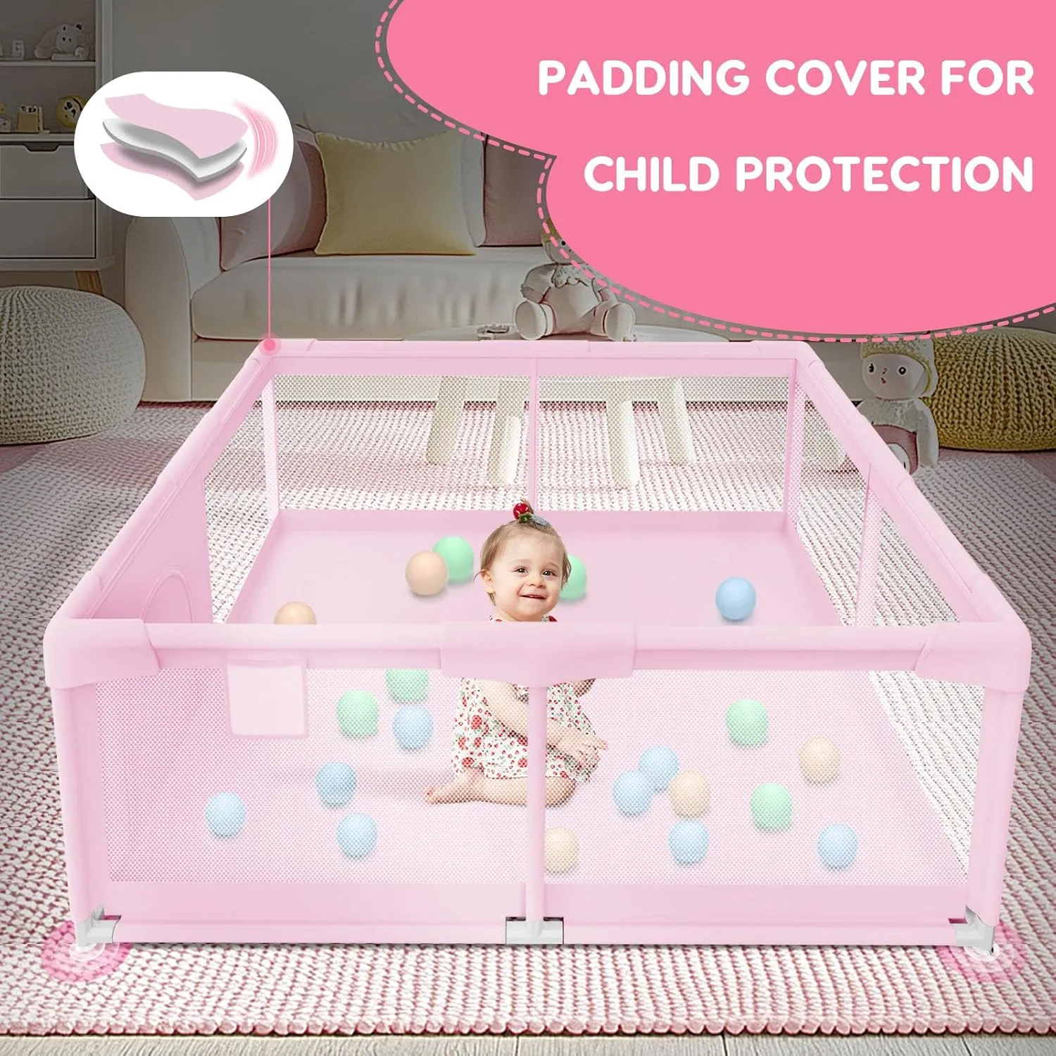 Baby Playpen for Toddler, Playpen for Babies 50"  50" Baby Fence Playards, Kids Safety Play Pen Area for Indoor & Outdoor (Pink)