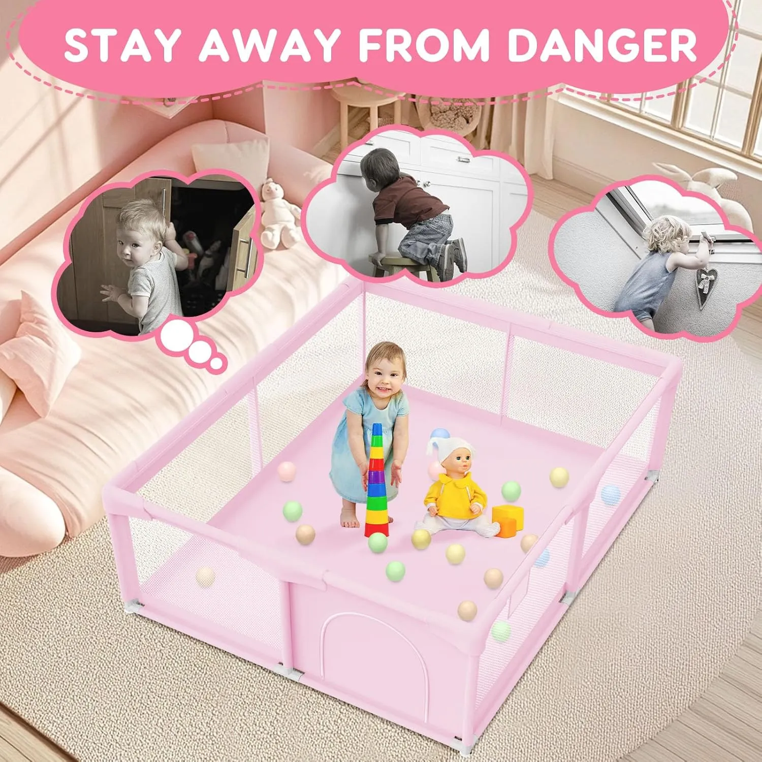 Baby Playpen for Toddler, Playpen for Babies 50"  50" Baby Fence Playards, Kids Safety Play Pen Area for Indoor & Outdoor (Pink)