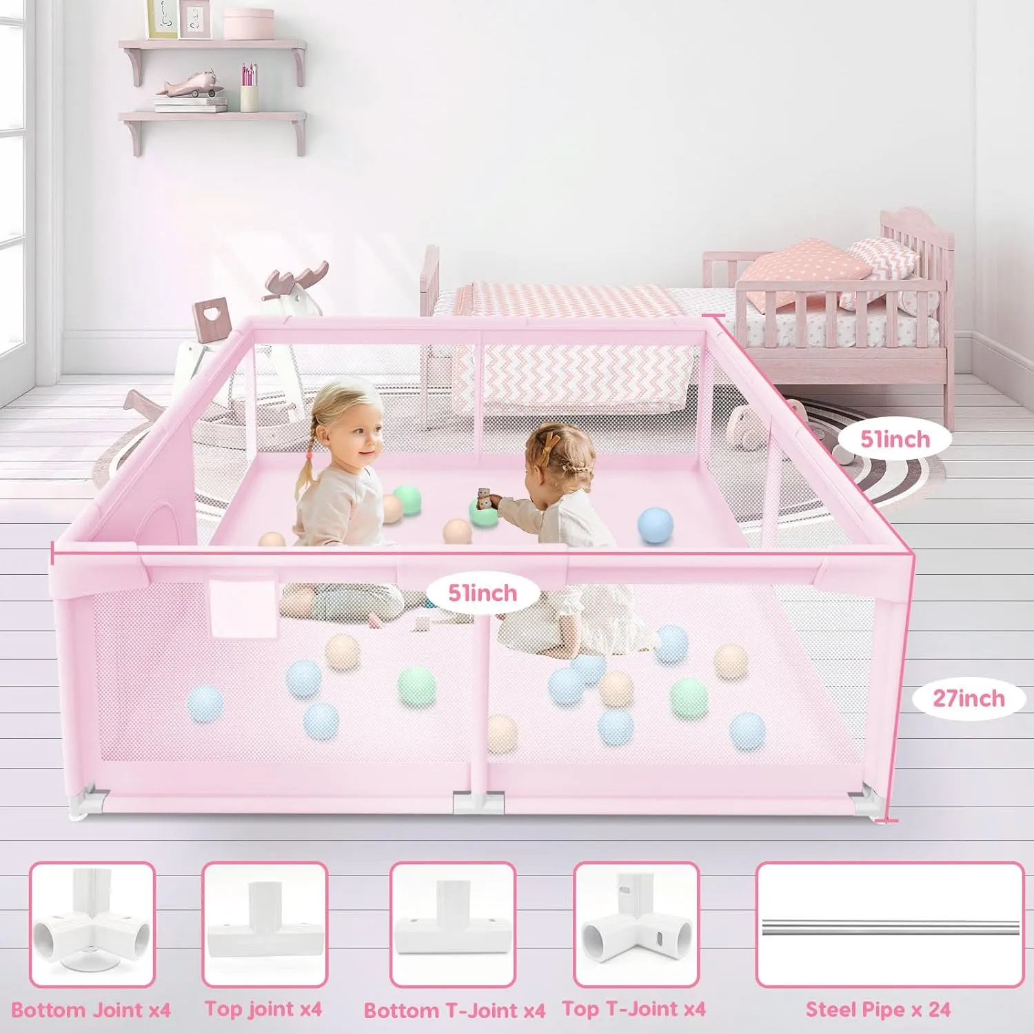 Baby Playpen for Toddler, Playpen for Babies 50"  50" Baby Fence Playards, Kids Safety Play Pen Area for Indoor & Outdoor (Pink)