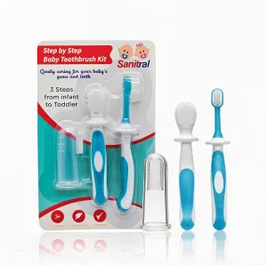 Baby's First Toothbrush Kit - Step by Step 0-2 Years - Safety-Tested & BPA-Free 3-Pack (Finger, Silicone, Toddler Toothbrushes) - Blue