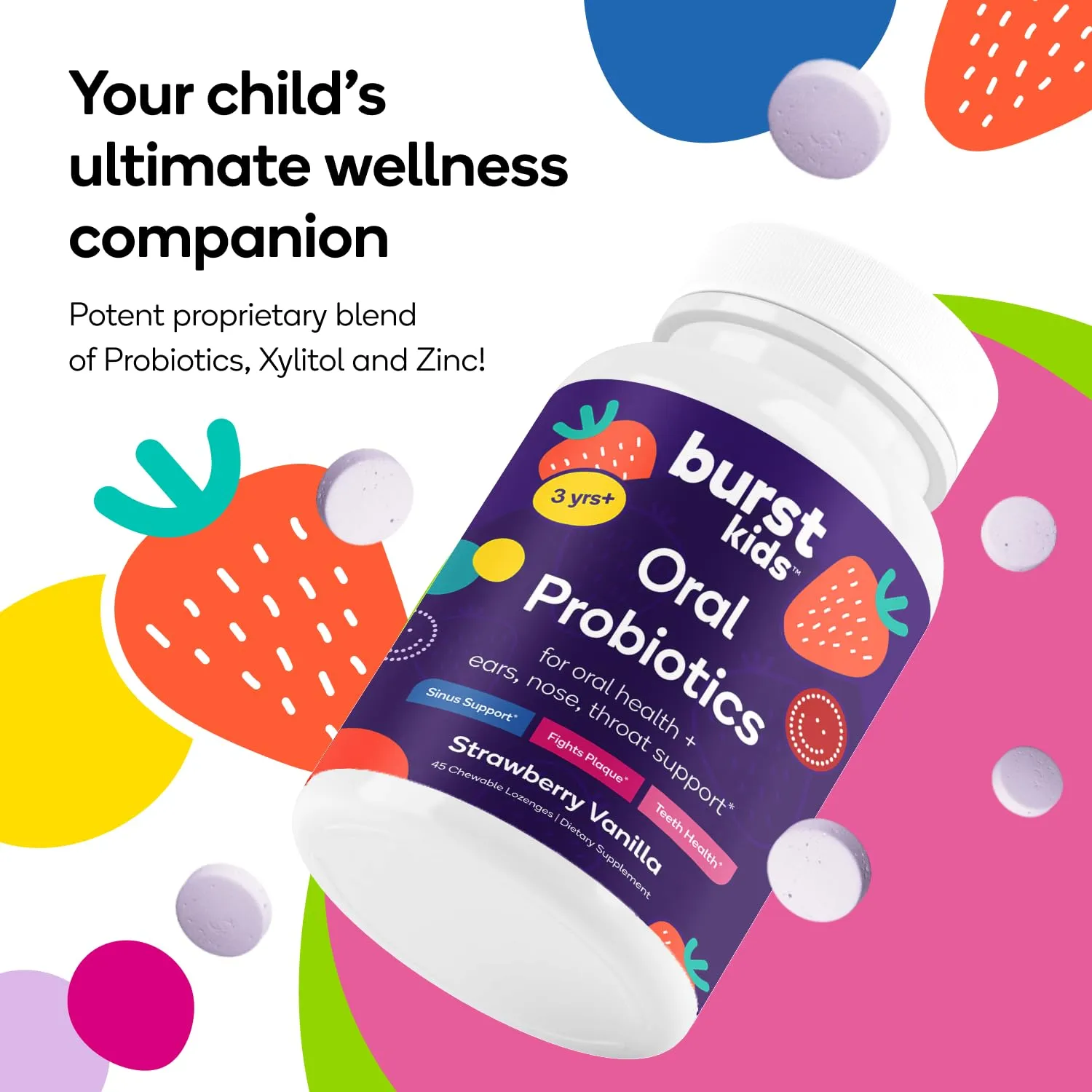 Burst Kids Probiotics (Strawberry Vanilla/45 Lozenges) | Oral Probiotics for Kids 3  to Support Optimal Oral, Ear, Throat & Respiratory Health | 3 Billion CFUs | Safe Ingredients | Made in USA