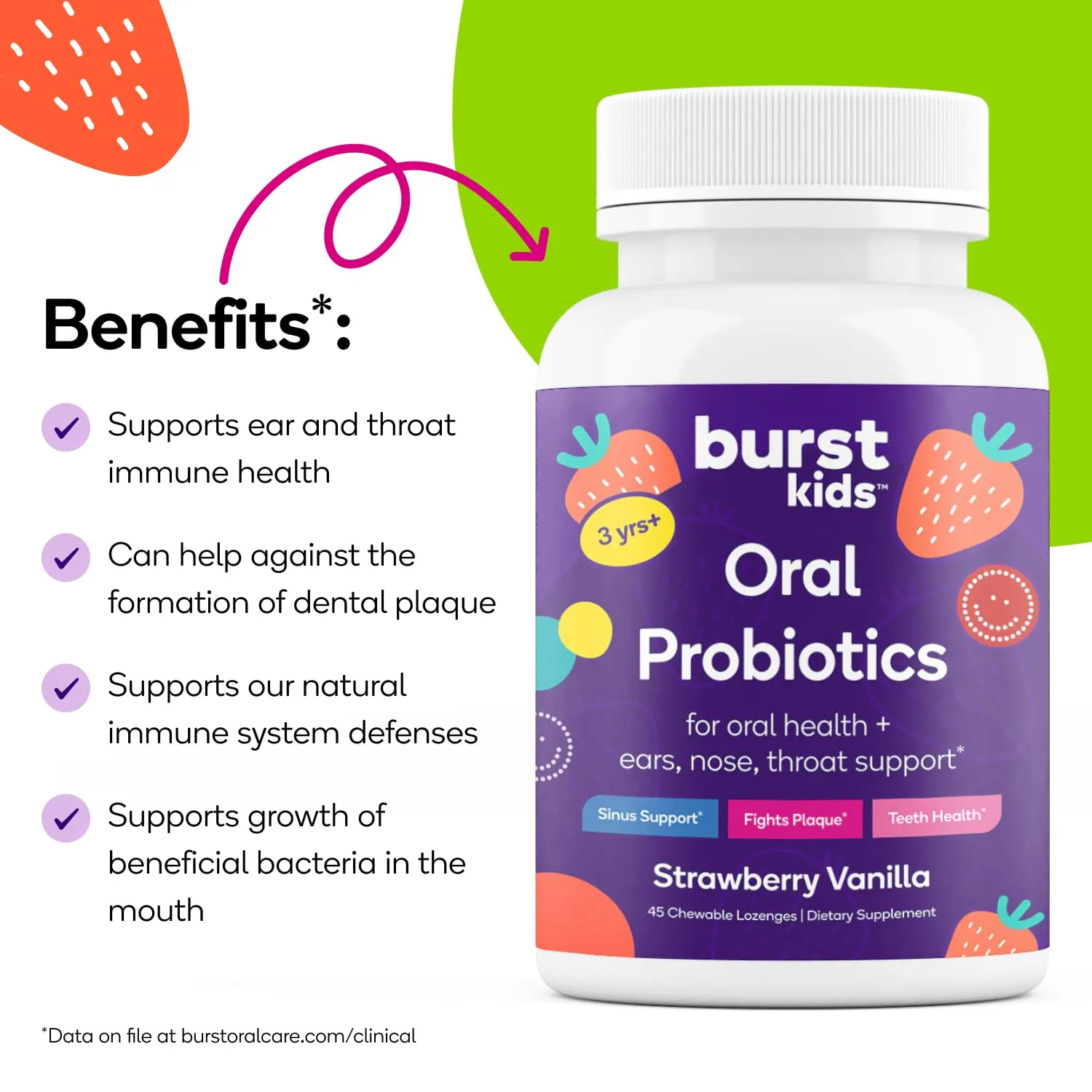 Burst Kids Probiotics (Strawberry Vanilla/45 Lozenges) | Oral Probiotics for Kids 3  to Support Optimal Oral, Ear, Throat & Respiratory Health | 3 Billion CFUs | Safe Ingredients | Made in USA