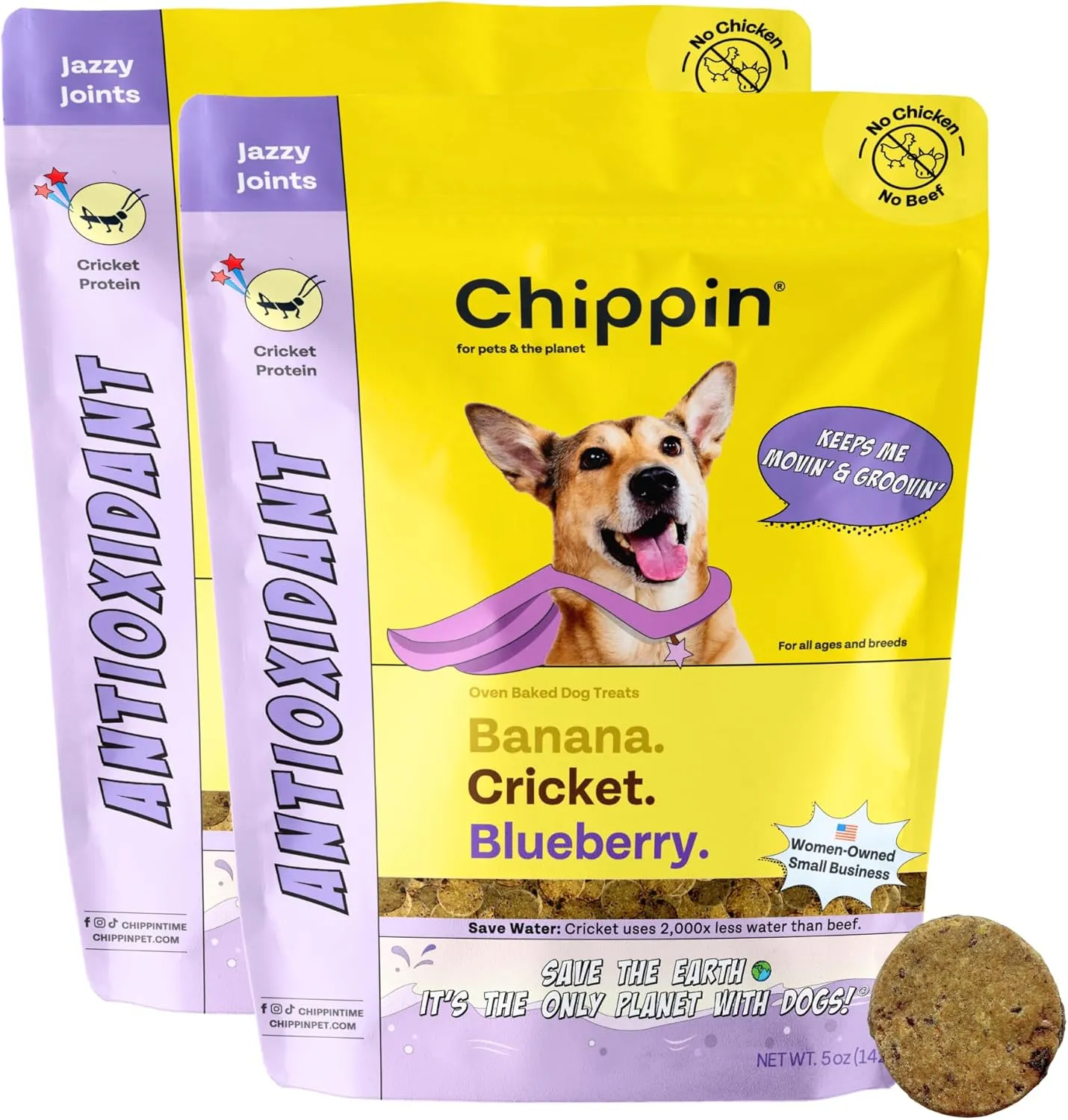 Chippin Blueberry Cricket Antioxidant Dog Biscuit (5oz, 2-Pack) | 100% Made in USA Natural Dog Treats | Chicken-Free, Hypoallergenic, Sustainable Human-Grade Protein | Puppies & Senior Dogs