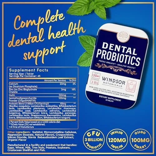 Dental Probiotics for Teeth and Gums - 3BN CFU Lactobacillus Salivarius Acidophilus Casei Paracasei Tablets - Oral Health Probiotics for Mouth & Bad Breath - 45 Chewable Dental Probiotic in a Tin