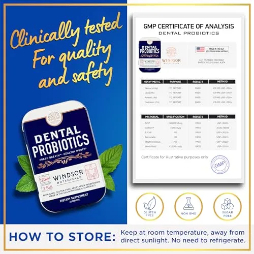 Dental Probiotics for Teeth and Gums - 3BN CFU Lactobacillus Salivarius Acidophilus Casei Paracasei Tablets - Oral Health Probiotics for Mouth & Bad Breath - 45 Chewable Dental Probiotic in a Tin