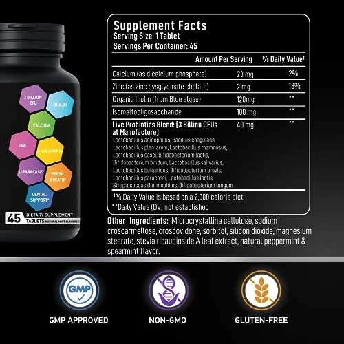 Dental Probiotics for Teeth and Gums - Best Lactobacillus Salivarius Tablets Fight Chronic Bad Breath & Restore Good Bacteria- Oral Probiotic Prebiotic Advanced Treatment for Mouth Health - 45 Tablets