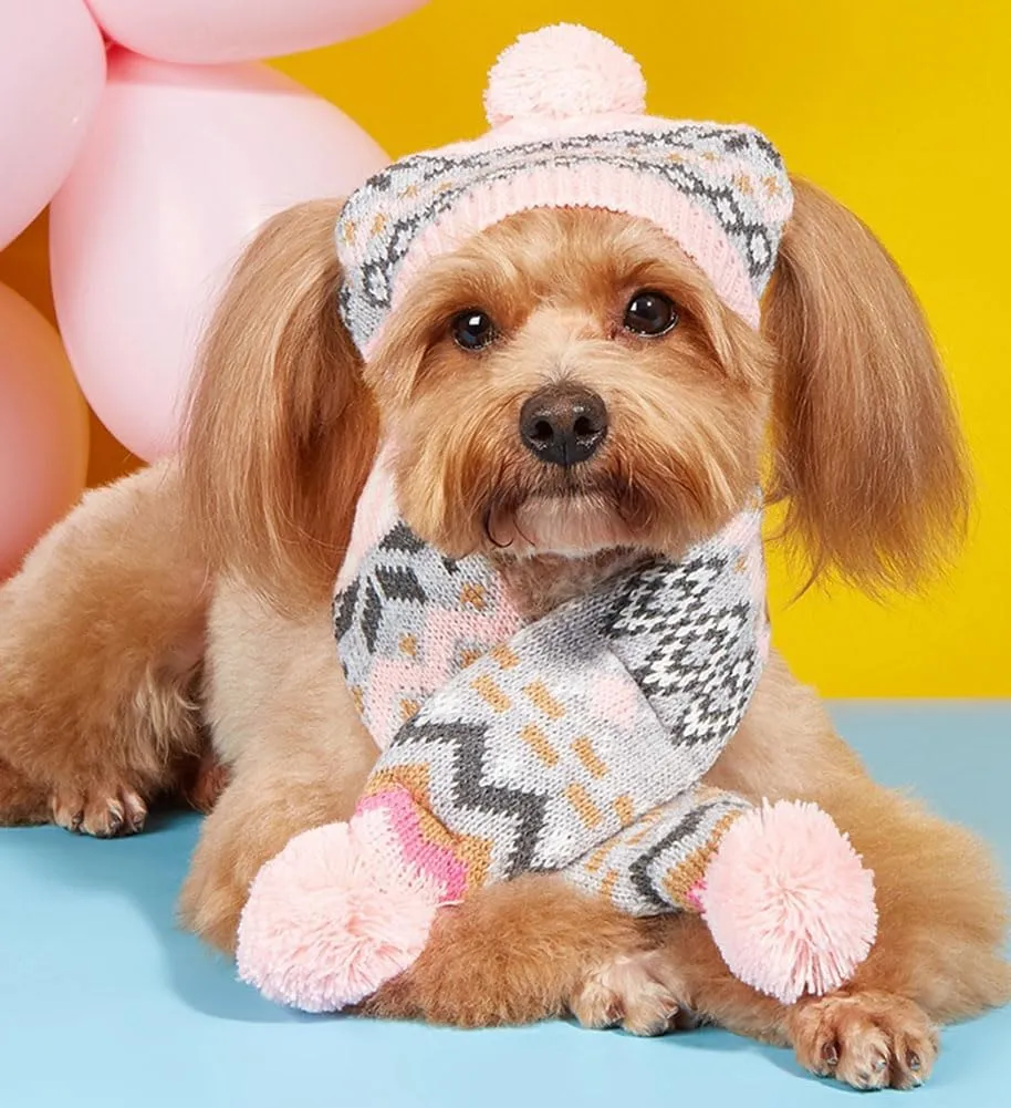 Dog Hat & Scarf Set, Knitted Pet Christmas Winter Warm Caps, Cute Accessories Neck Ear Warmer Hood & Warm Scarf, Party Decoration for Cat & Dog, Fit for Small to Large A-Pink Diamond