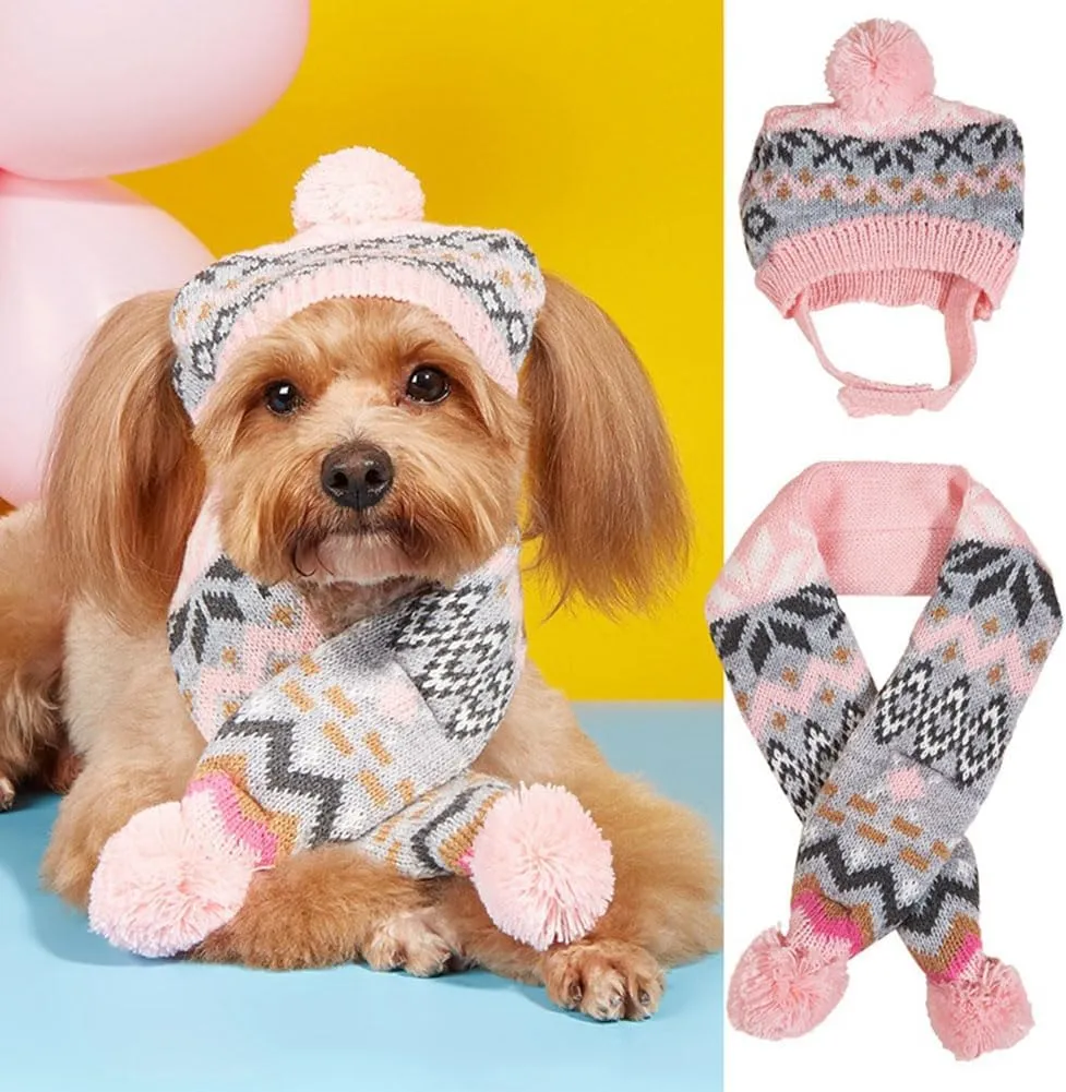 Dog Hat & Scarf Set, Knitted Pet Christmas Winter Warm Caps, Cute Accessories Neck Ear Warmer Hood & Warm Scarf, Party Decoration for Cat & Dog, Fit for Small to Large A-Pink Diamond