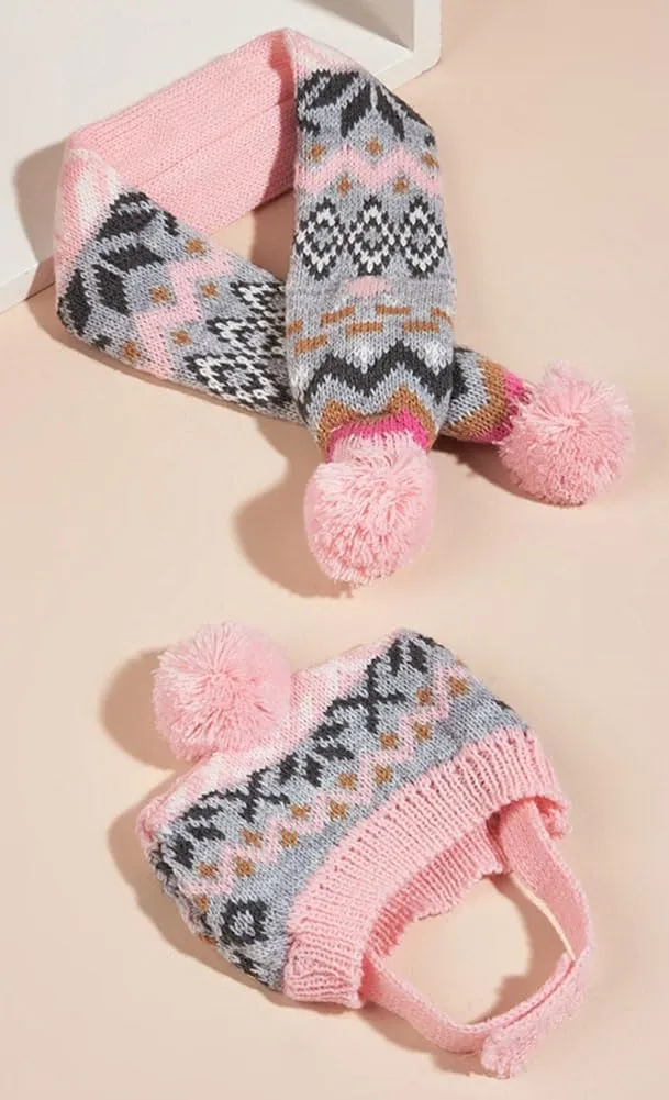 Dog Hat & Scarf Set, Knitted Pet Christmas Winter Warm Caps, Cute Accessories Neck Ear Warmer Hood & Warm Scarf, Party Decoration for Cat & Dog, Fit for Small to Large A-Pink Diamond