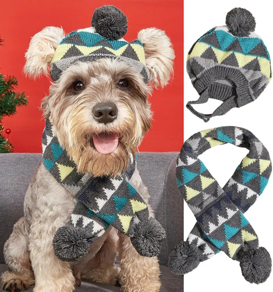 Dog Hat & Scarf Set, Knitted Pet Christmas Winter Warm Caps, Cute Accessories Neck Ear Warmer Hood & Warm Scarf, Party Decoration for Cat & Dog, Fit for Small to Large, B-Gray Triangle
