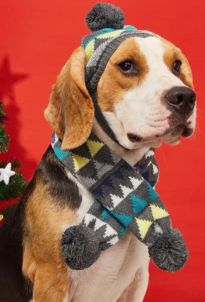 Dog Hat & Scarf Set, Knitted Pet Christmas Winter Warm Caps, Cute Accessories Neck Ear Warmer Hood & Warm Scarf, Party Decoration for Cat & Dog, Fit for Small to Large, B-Gray Triangle