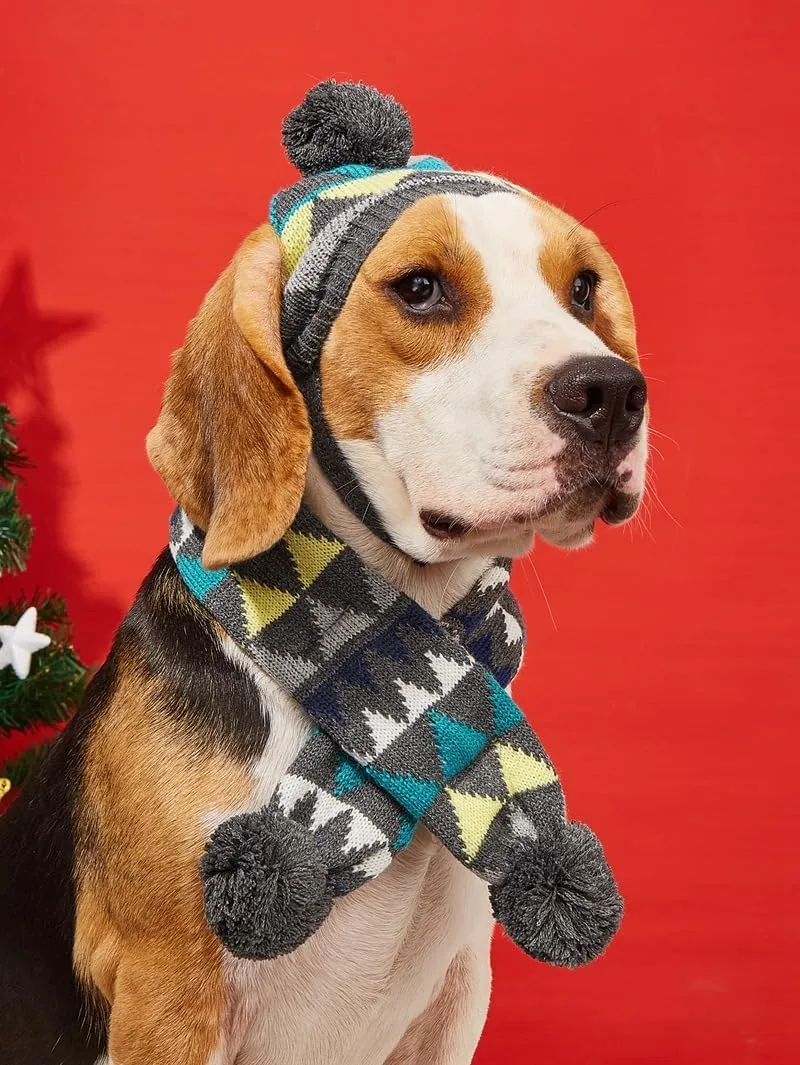 Dog Hat & Scarf Set, Knitted Pet Christmas Winter Warm Caps, Cute Accessories Neck Ear Warmer Hood & Warm Scarf, Party Decoration for Cat & Dog, Fit for Small to Large, B-Gray Triangle
