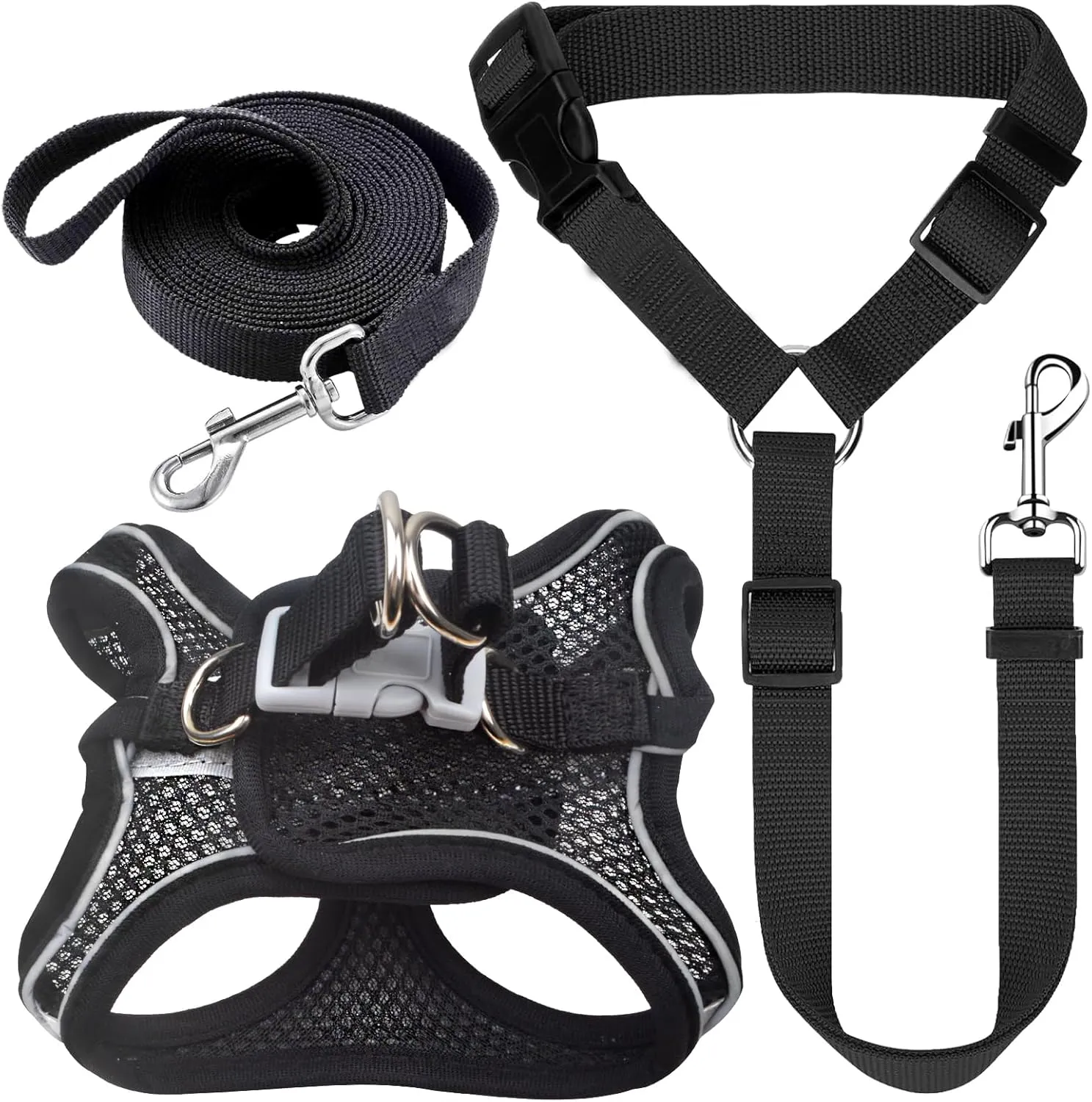 Dog Seat Belt, Safety Vest Pet Harness with Adjustable Buckle Car Vehicle Seatbelt Harness and Nylon Traction Rope Leash Set for Dogs Cats Walking Training Outdoor Hiking, Black