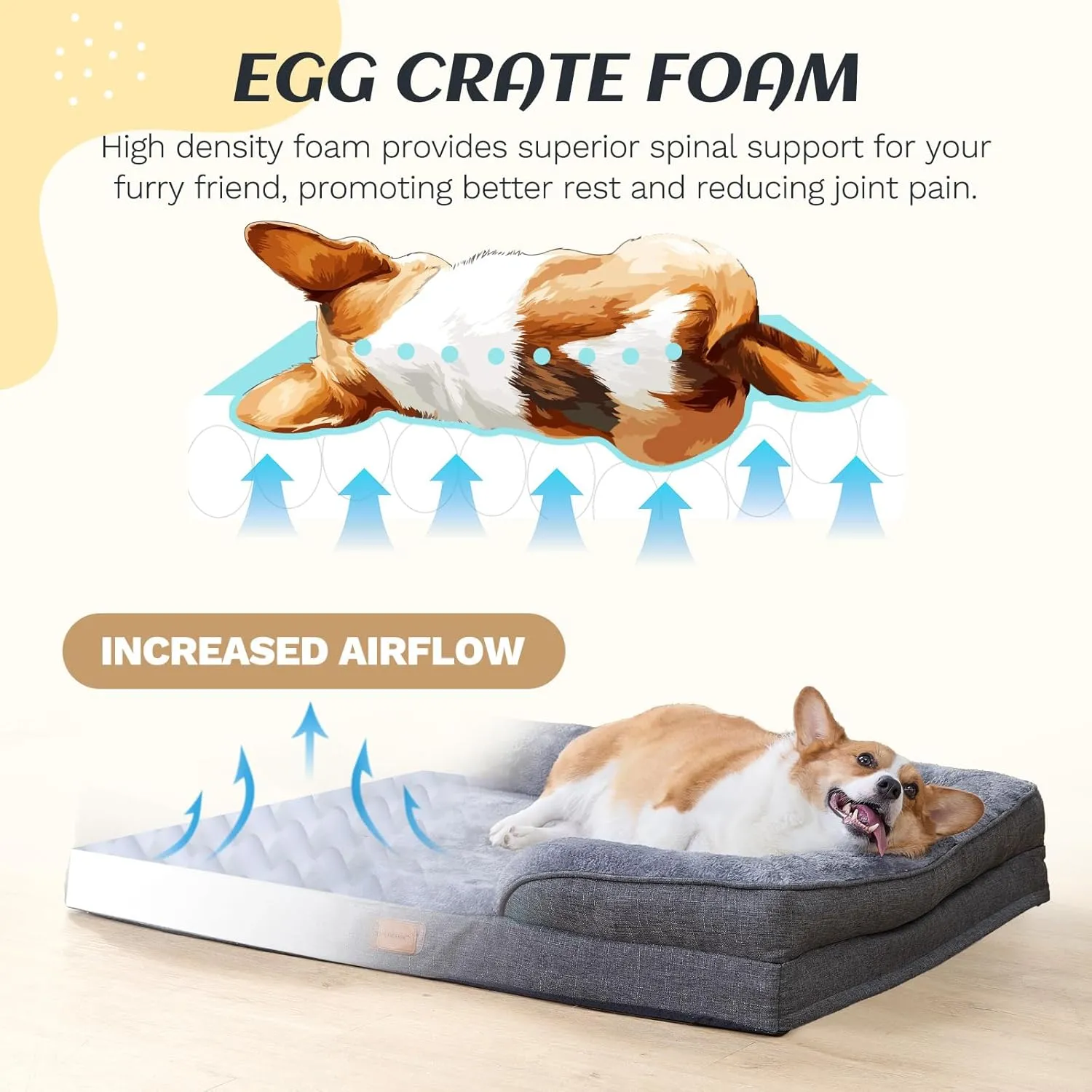 Extra Large Dog Bed Orthopedic with Bolster Sides Removable Egg-Crate Foam Waterproof Liner Pet Bed Sofa Couch with Removable Washable Cover Non-Slip Bottom, Dark Gray