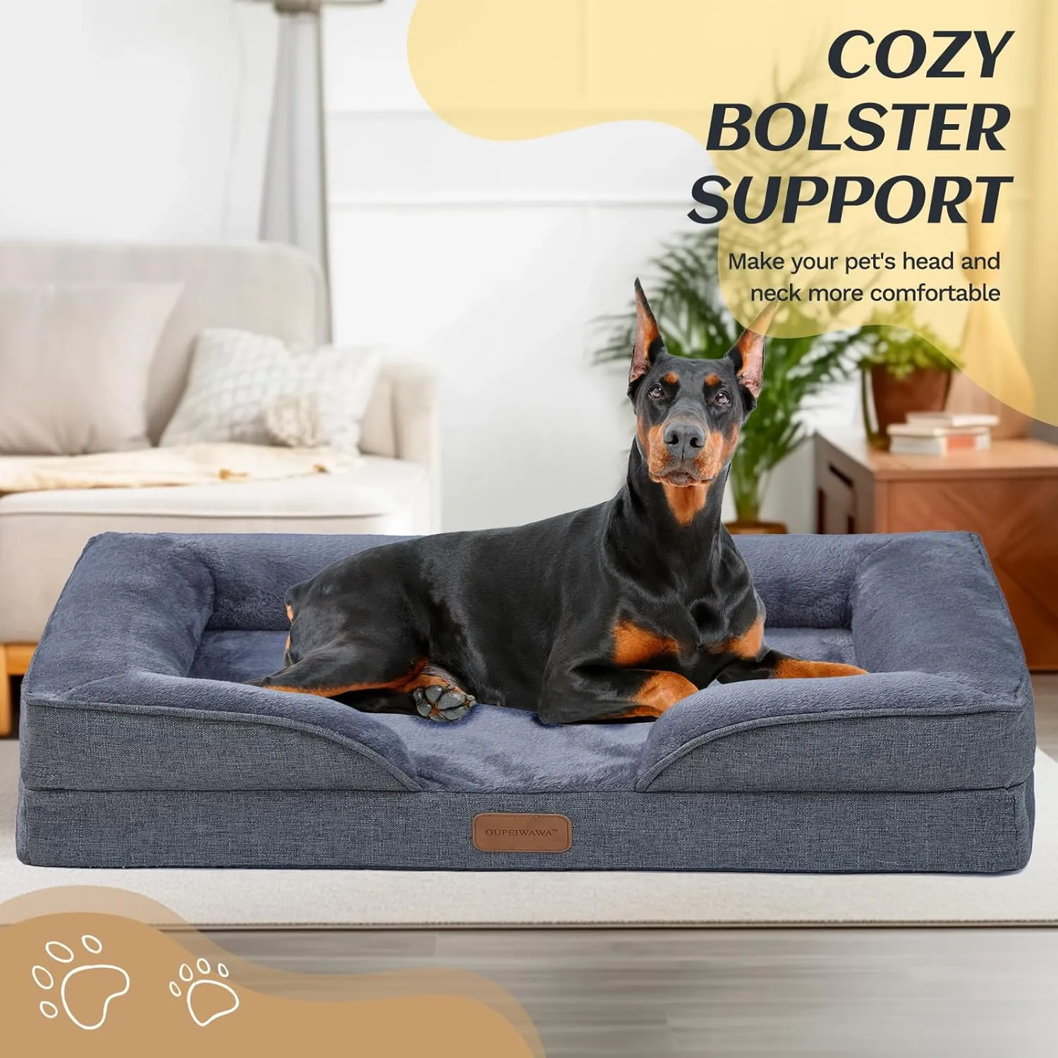 Extra Large Dog Bed Orthopedic with Bolster Sides Removable Egg-Crate Foam Waterproof Liner Pet Bed Sofa Couch with Removable Washable Cover Non-Slip Bottom, Dark Gray