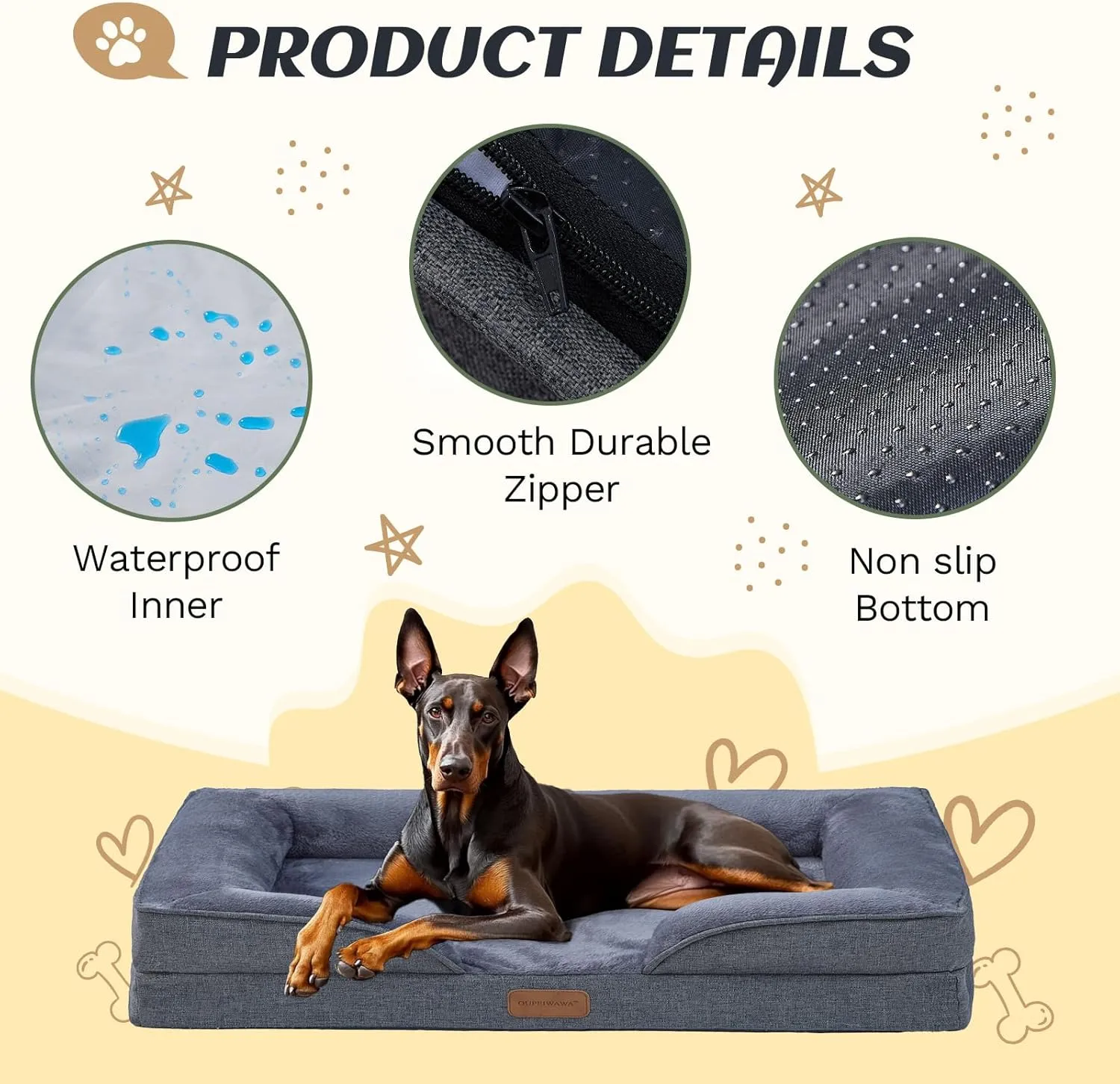 Extra Large Dog Bed Orthopedic with Bolster Sides Removable Egg-Crate Foam Waterproof Liner Pet Bed Sofa Couch with Removable Washable Cover Non-Slip Bottom, Dark Gray