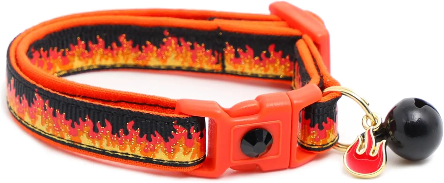 Flame Cat Collar with Charm & Bell | Safety Breakaway | Adjustable Large Size or Kitten Collar (Black, Small(10lbs & Less))