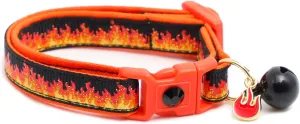 Flame Cat Collar with Charm & Bell | Safety Breakaway | Adjustable Large Size or Kitten Collar (Black, Small(10lbs & Less))