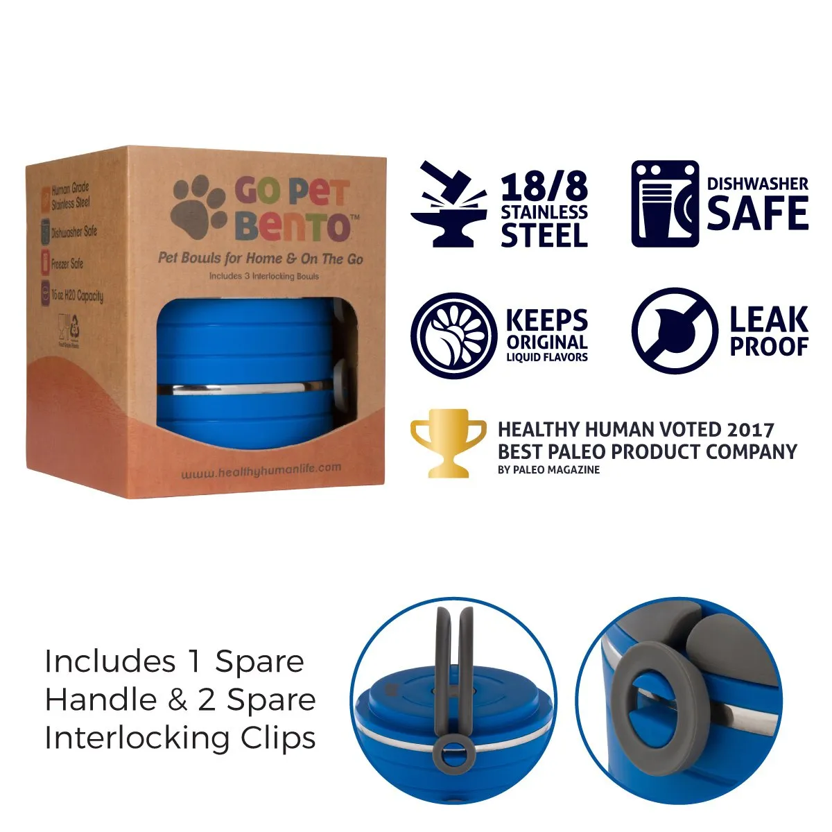 Healthy Human Portable Dog & Pet Travel Bowls with Lid - Human Grade Stainless Steel - Ideal for Food & Water - Blue - 4 Bowl Set