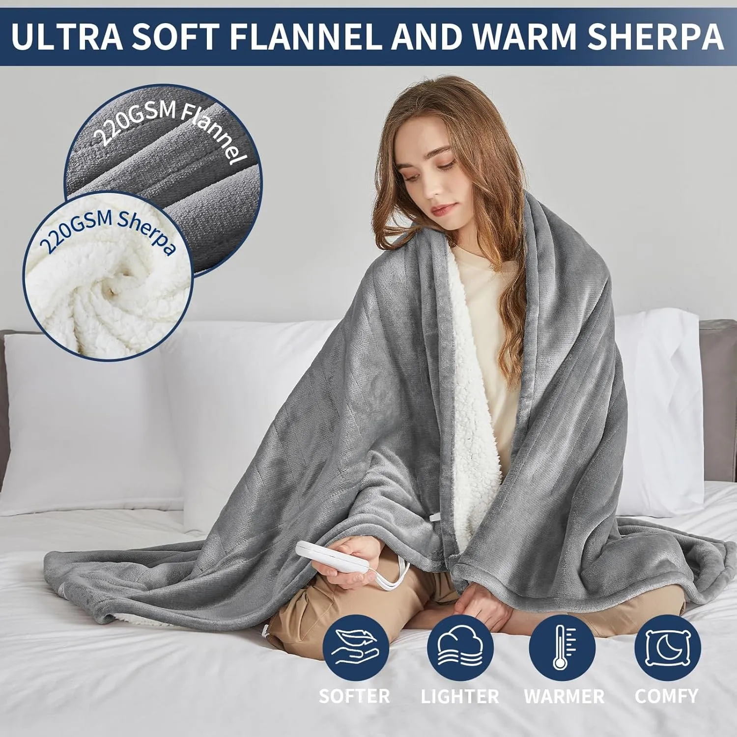 Heated Electric Blanket - 72"x84" for Bed & Couch - 5 Heating Levels, 4H Auto Off - Soft Fleece, Grey
