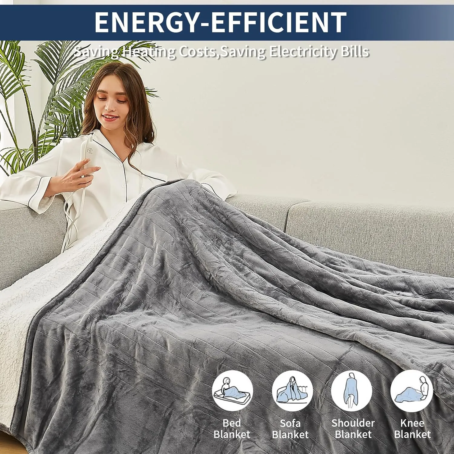 Heated Electric Blanket - 72"x84" for Bed & Couch - 5 Heating Levels, 4H Auto Off - Soft Fleece, Grey