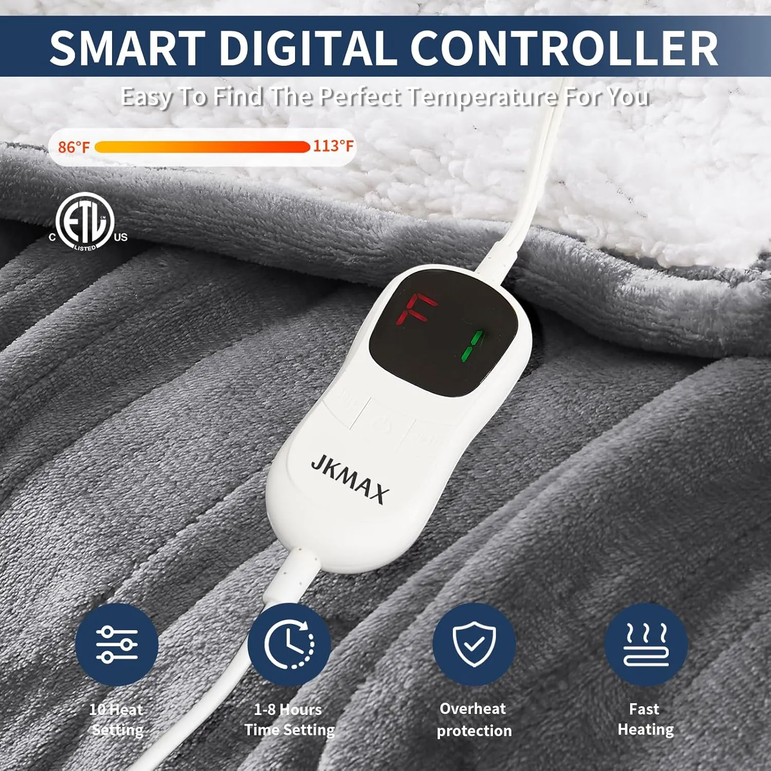 Heated Electric Blanket - 72"x84" for Bed & Couch - 5 Heating Levels, 4H Auto Off - Soft Fleece, Grey