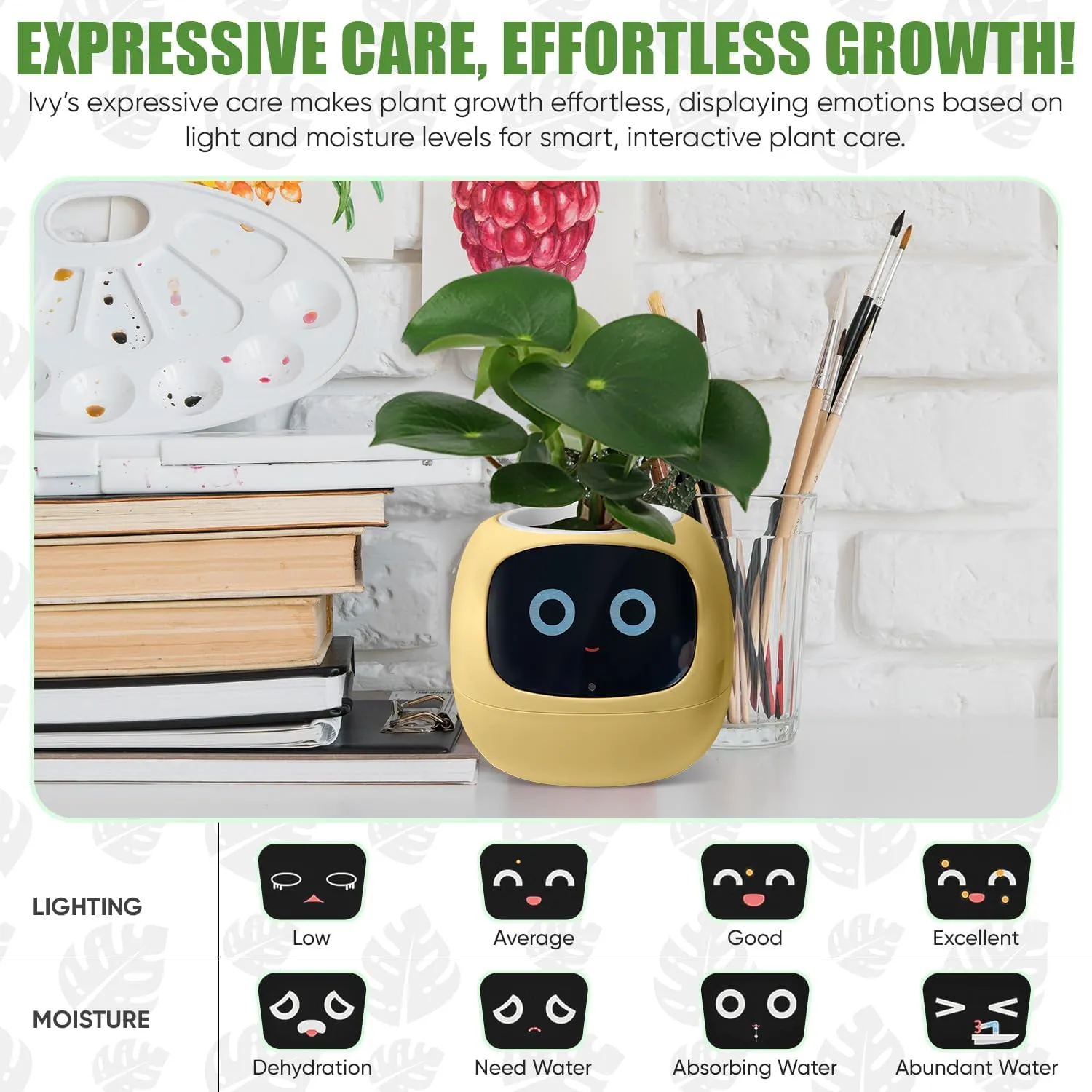 Interactive Plant Pot  Smart Planter, AI Pet Plantagotchi, tamagotchi, Leafypod and Plantiboy, Robot Flower with Feelings, Electric Maceta, Indoor Flowerpot with Water, Digital Gifts (yellow)