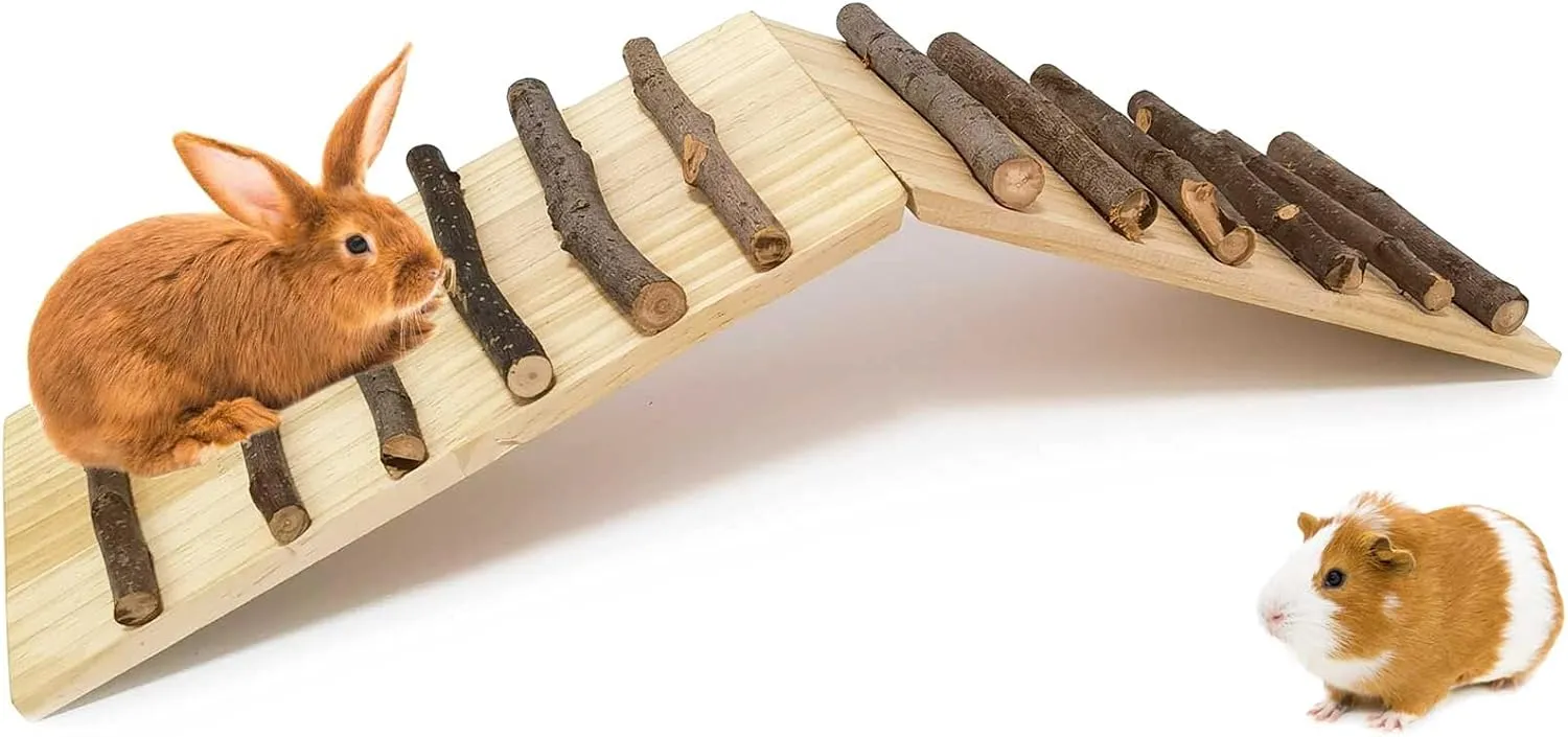 kathson Rabbits Wood Bridge Guinea Pig Climbing Ladder Natural Ramp Ladder Rat Toy Cage Habitat Accessories for Bunny Hamsters Gerbils Mice Mouse Chinchilla Hedgehog Small Animal