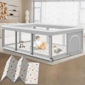Large Baby Playpen with Mat, 74" 50", Large Play Yards Indoor & Outdoor, Sturdy Safety Baby Play Pen with Soft Breathable Mesh, Toddlers Play Pen with Anti-Slip Base, Mat Included