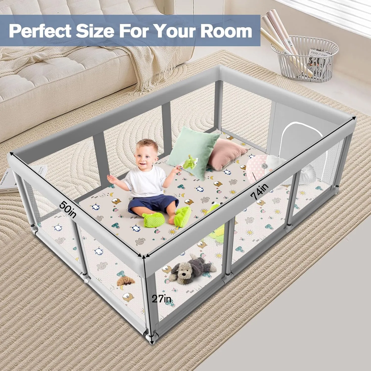 Large Baby Playpen with Mat, 74" 50", Large Play Yards Indoor & Outdoor, Sturdy Safety Baby Play Pen with Soft Breathable Mesh, Toddlers Play Pen with Anti-Slip Base, Mat Included