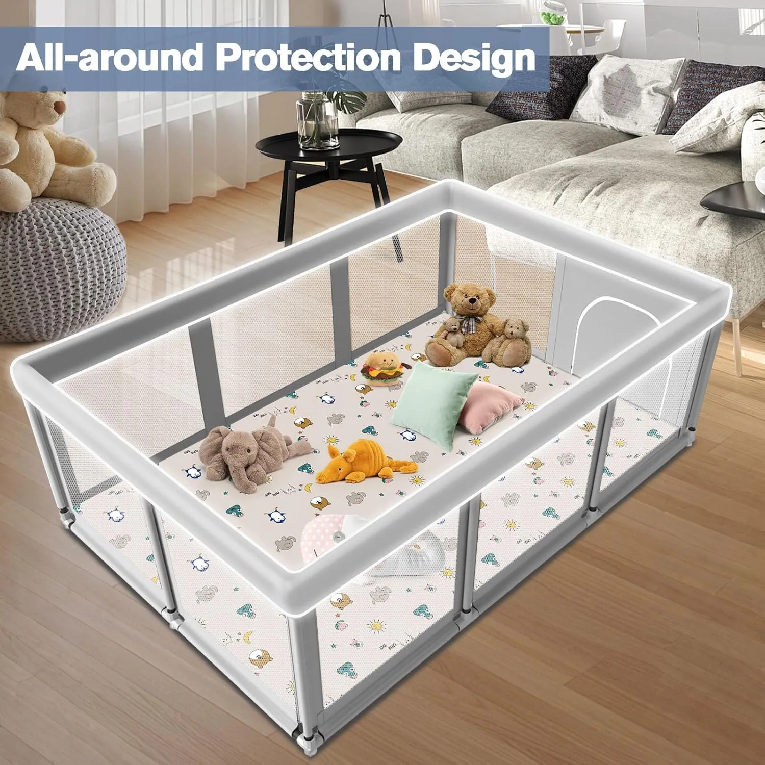 Large Baby Playpen with Mat, 74" 50", Large Play Yards Indoor & Outdoor, Sturdy Safety Baby Play Pen with Soft Breathable Mesh, Toddlers Play Pen with Anti-Slip Base, Mat Included