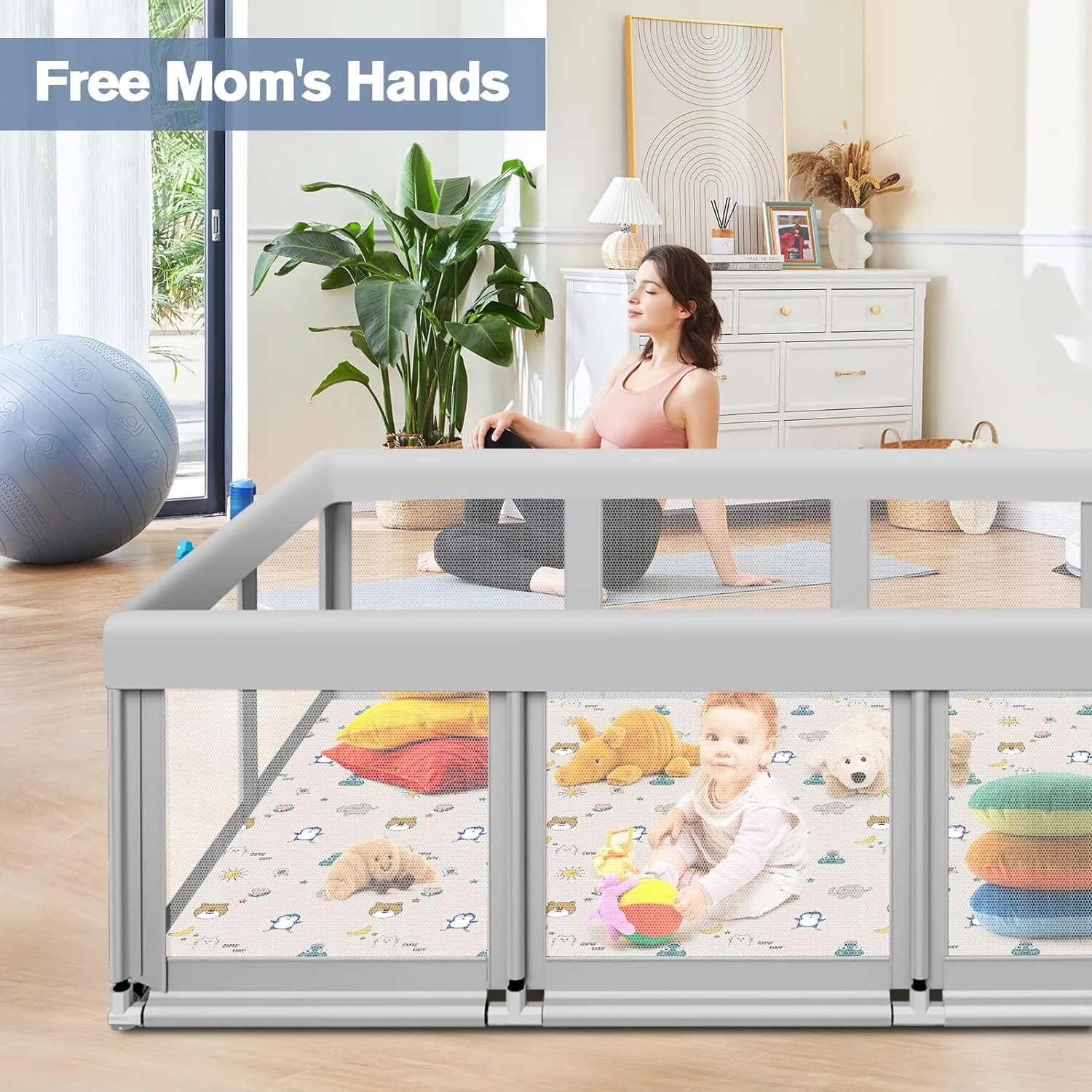 Large Baby Playpen with Mat, 74" 50", Large Play Yards Indoor & Outdoor, Sturdy Safety Baby Play Pen with Soft Breathable Mesh, Toddlers Play Pen with Anti-Slip Base, Mat Included