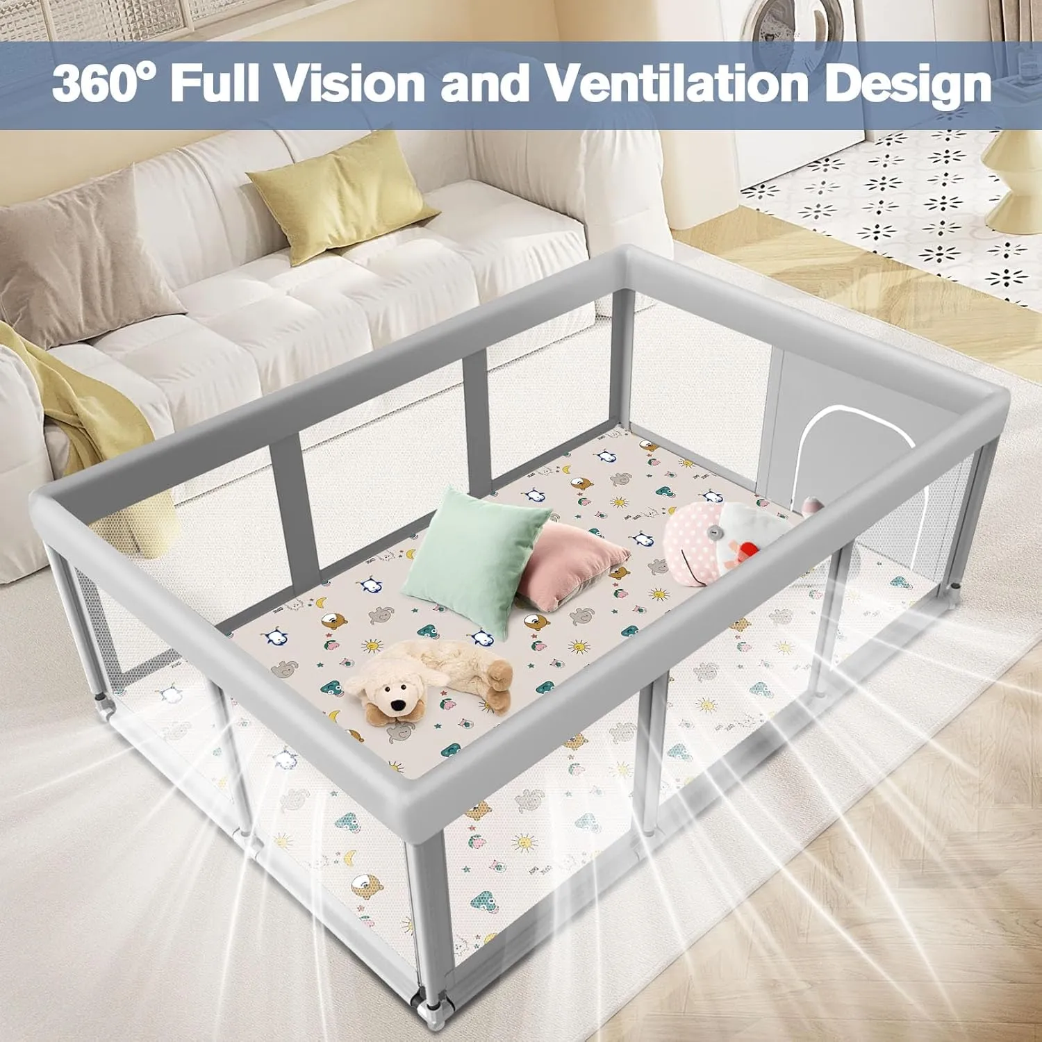 Large Baby Playpen with Mat, 74" 50", Large Play Yards Indoor & Outdoor, Sturdy Safety Baby Play Pen with Soft Breathable Mesh, Toddlers Play Pen with Anti-Slip Base, Mat Included