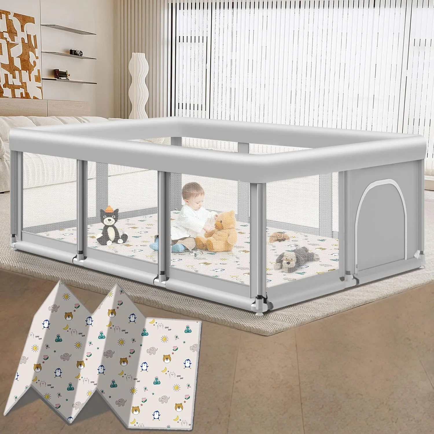 Large Baby Playpen with Mat, 74" 50", Large Play Yards Indoor & Outdoor, Sturdy Safety Baby Play Pen with Soft Breathable Mesh, Toddlers Play Pen with Anti-Slip Base, Mat Included