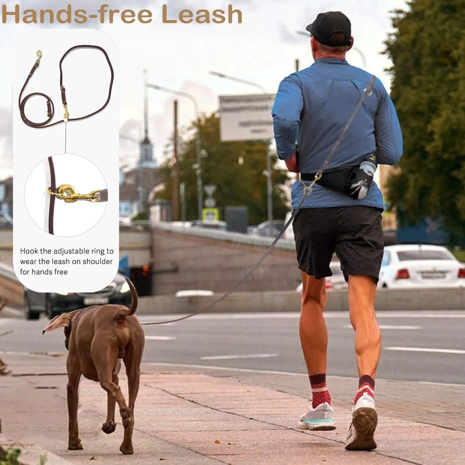 Leather Dog Leash 8ft for Small Medium Dogs, Luxurious Leather Puppy Leash with Multi-Function and Hands-Free, Durable Double - Stitched Lead for Walking & Running (Brown)